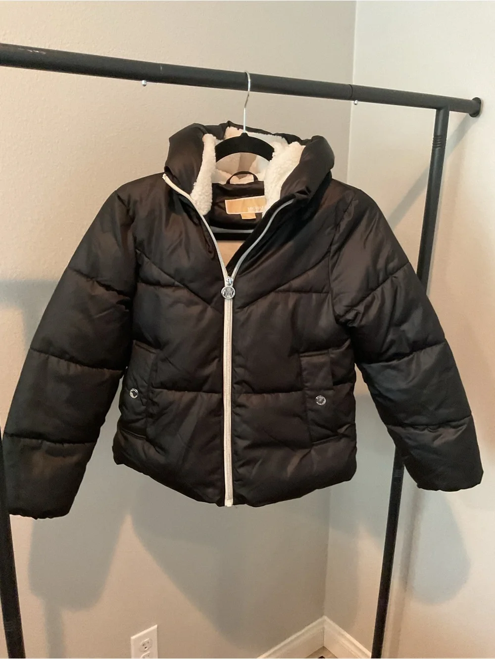 Michael Kors Black Puffer Jacket with Cream Sherpa Hood Trim